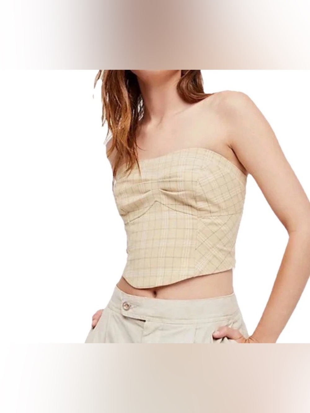 Free people plaid corset top strapless out west western crop tan tube top sz 6